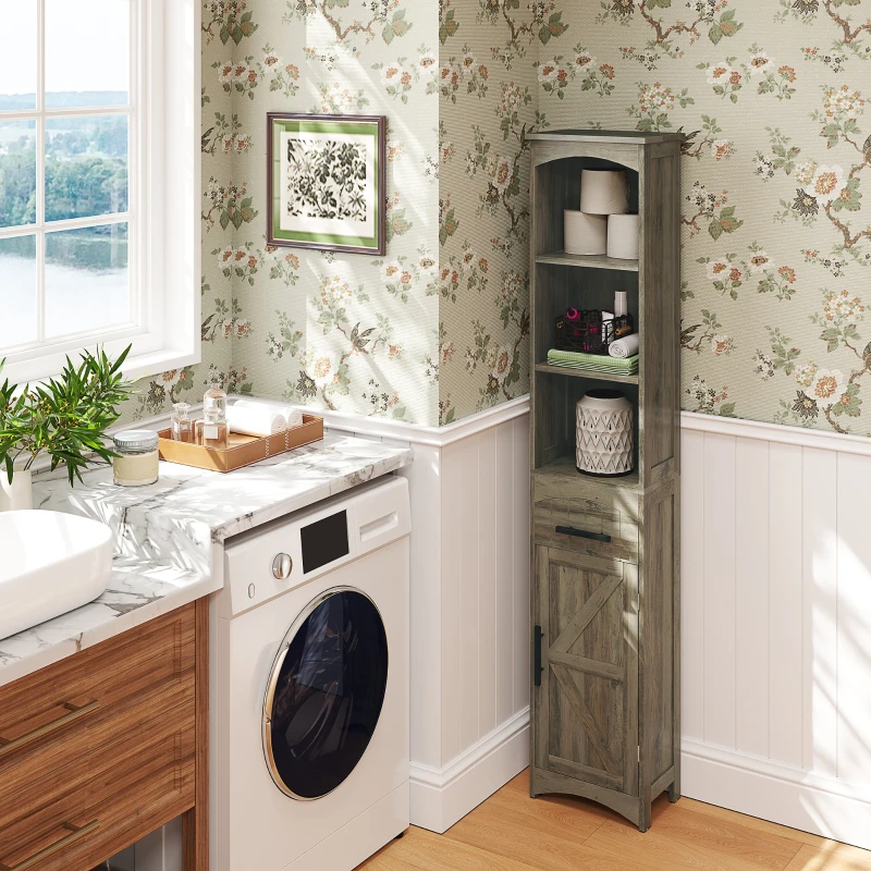 HOMCOM Farmhouse Tall Slim Bathroom Storage Cabinet with Recessed Drawer, Narrow Cabinet with Barn Door, Weathered Gray Oak