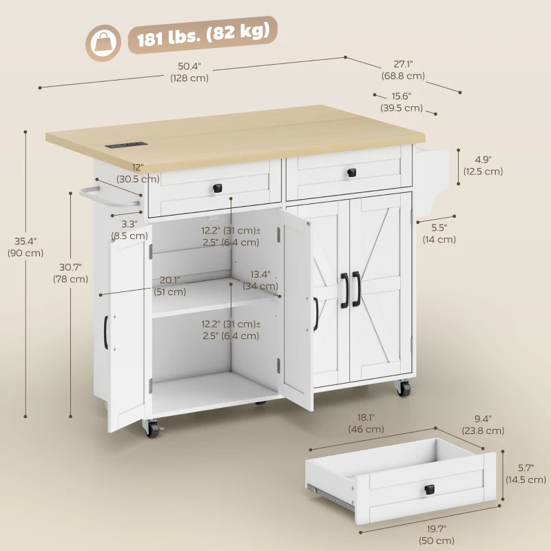 HOMCOM Kitchen Island with Storage, Rolling Kitchen Cart with Charging Station, Drop Leaf, Spice Rack, Towel Rack, Drawers