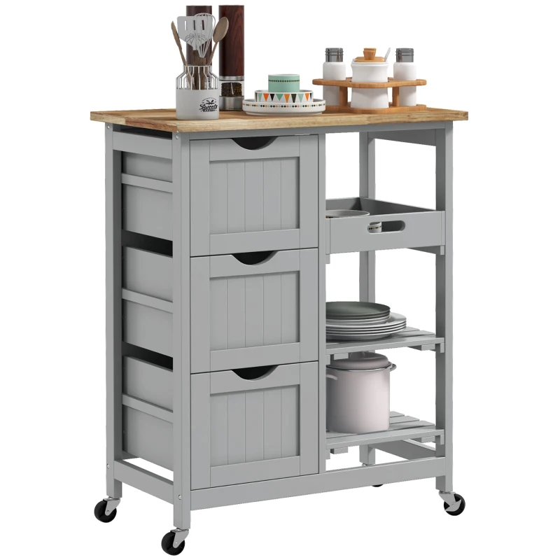 HOMCOM Kitchen Cart on Wheels, Rolling Kitchen Island Cart with Wood Top, 3 Drawers and Shelves for Home Dining Area