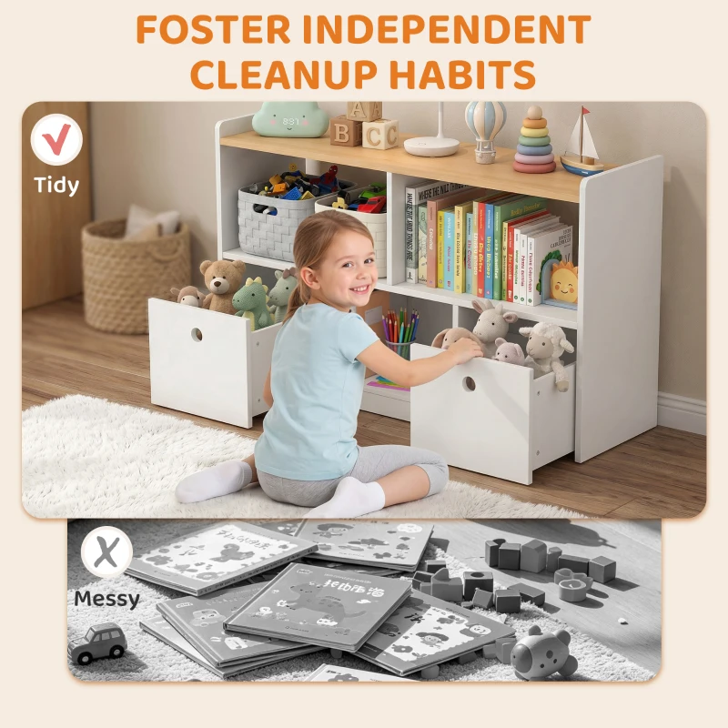Qaba Toy Storage Organizer, Toy Organizers and Storage with 2 Movable Drawers and 3 Cubbies for Playroom, Nursery, White