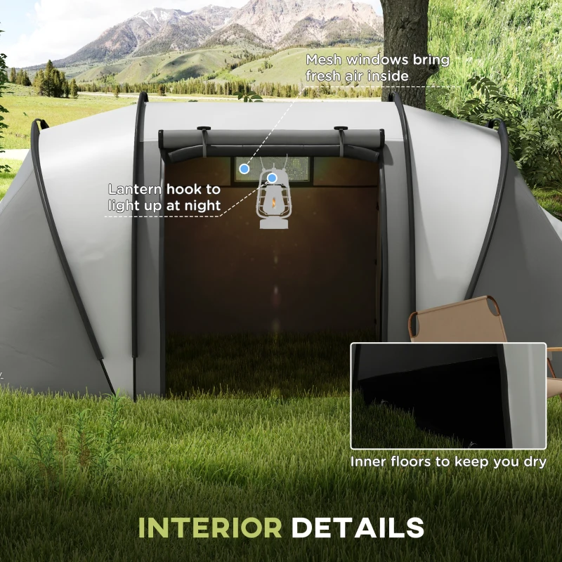 Outsunny Camping Tent with 2 Bedrooms and Living Area, 3000mm Waterproof Family Tent, for Fishing Hiking Festival, Grey