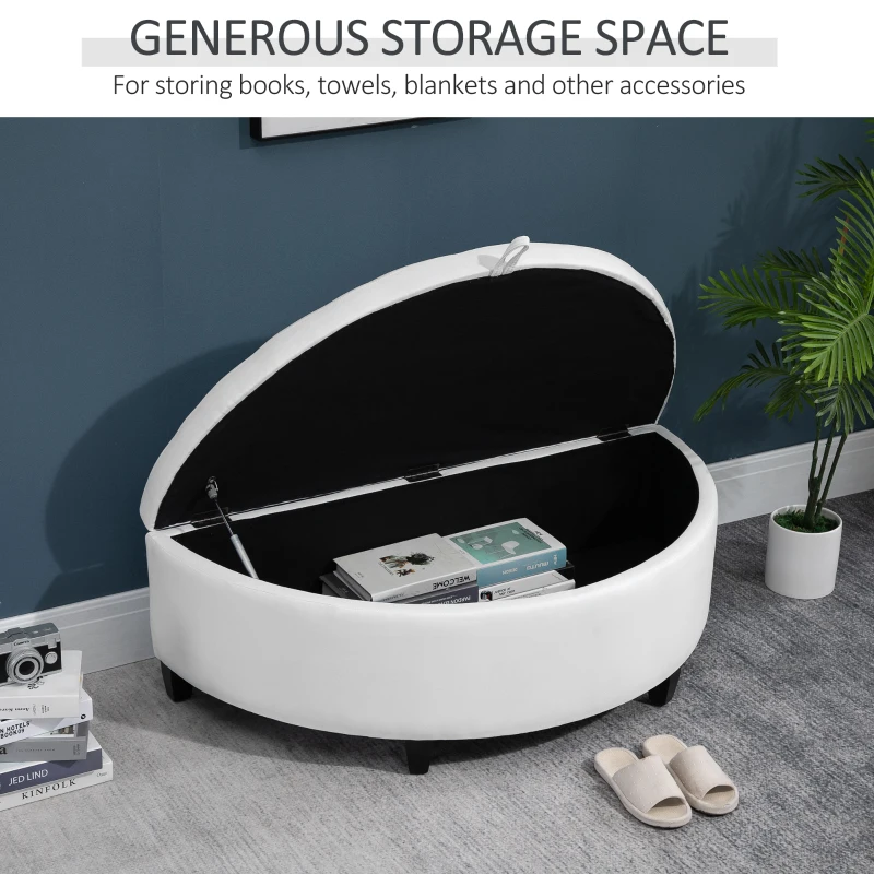 HOMCOM Half Moon Storage Ottoman, Upholstered Button Tufted Storage Bench with Lift Lid and Wood Legs, for Living Room, Entryway, White