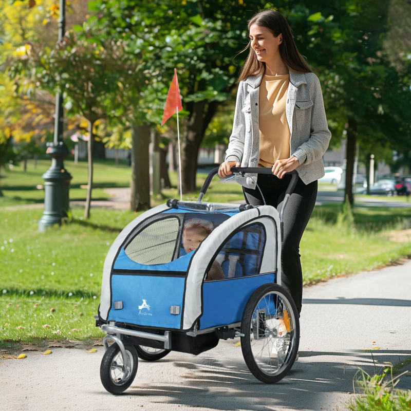 Aosom 2-in-1 Bike Trailer for Kids, Foldable 2-Seat Baby Stroller with 5-Point Harness, Rubber Wheels, Storage Bag, Blue