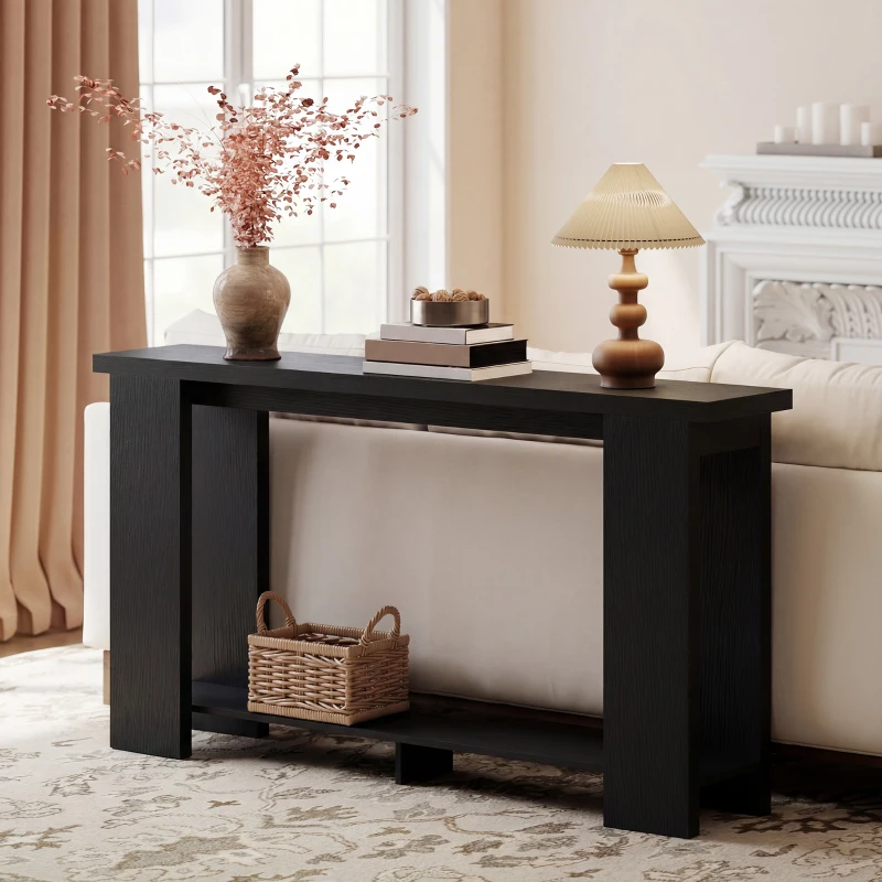 HOMCOM Farmhouse Console Table, 63" Narrow Entryway Table with Thickened Tabletop for Living Room, Hallway, Distressed Black