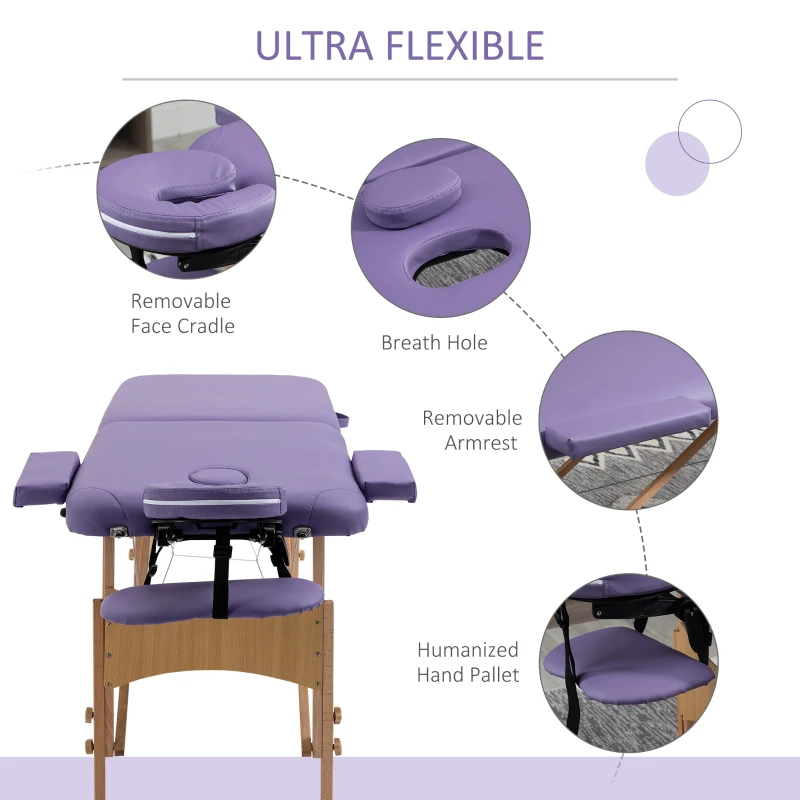 HOMCOM Height Adjustable Professional Salon Spa Facial Couch Bed, Portable Folding Massage Table, Purple