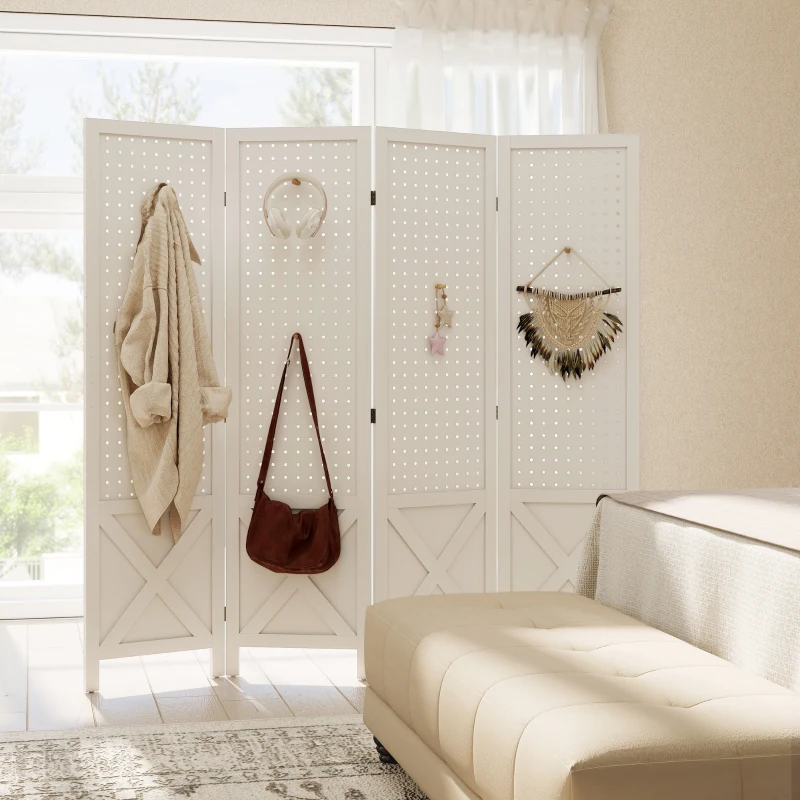 HOMCOM 56.9" 4 Panel Wooden Room Divider with Pegboard Display, Folding Privacy Screen for Home Office, White