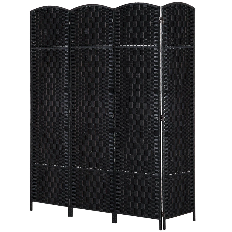 HOMCOM Room Divider 4 Panel, 6FT Tall Folding Privacy Screen, Freestanding Hand-Woven Partition for Room Separation with 360° Hinges, Paper Rope Diamond Weave, Black