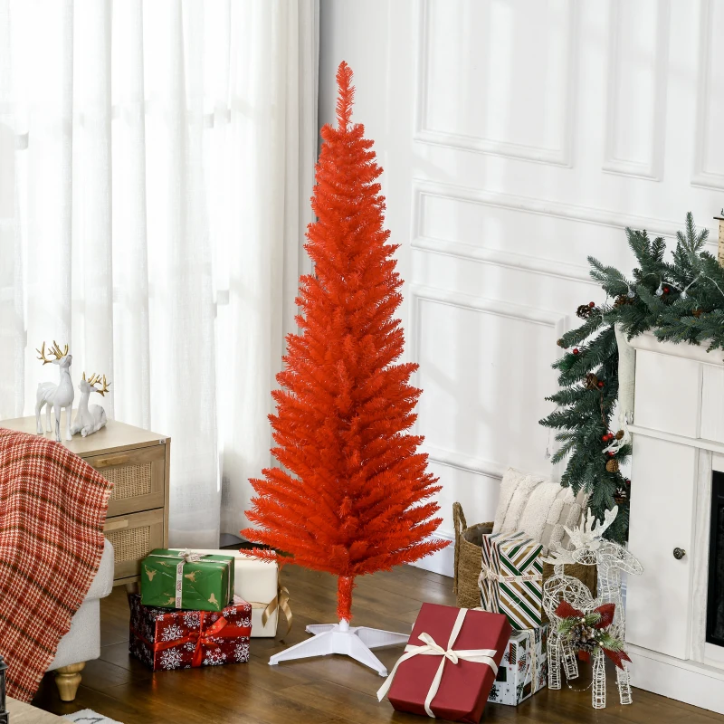 HOMCOM 5FT Decorated Christmas Tree, Pencil Christmas Tree with 294 Realistic Branch Tips and Plastic Stand, Red