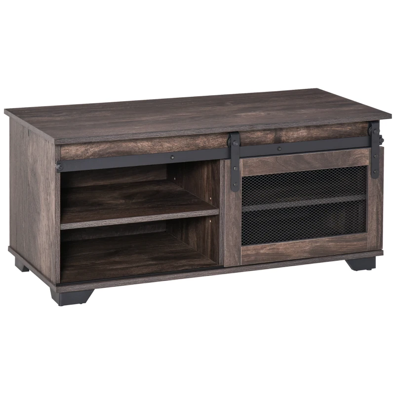 HOMCOM Farmhouse Coffee Table with Storage, Sliding Mesh Barn Door, Industrial Cocktail Table with Adjustable Shelves for Living Room, Dark Brown