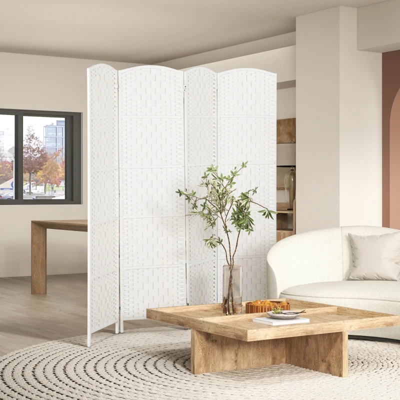 HOMCOM Room Divider, 4 Panel Folding Privacy Screen, 6FT Tall Portable Weave Partition Wall Divider for Bedroom, White
