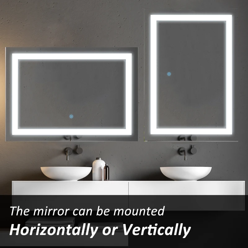 HOMCOM 28" x 20'' LED Illuminated Bathroom Mirror, Wall Mounted Vanity Mirror with Dimmable Memory Touch, Waterproof, Horizontally or Vertically, Silver