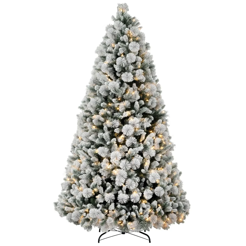 HOMCOM 7.5 ft Prelit Flocked Artificial Christmas Tree with 500 Clear Lights, 1530 Tips, Metal Stand for Home Office Holiday