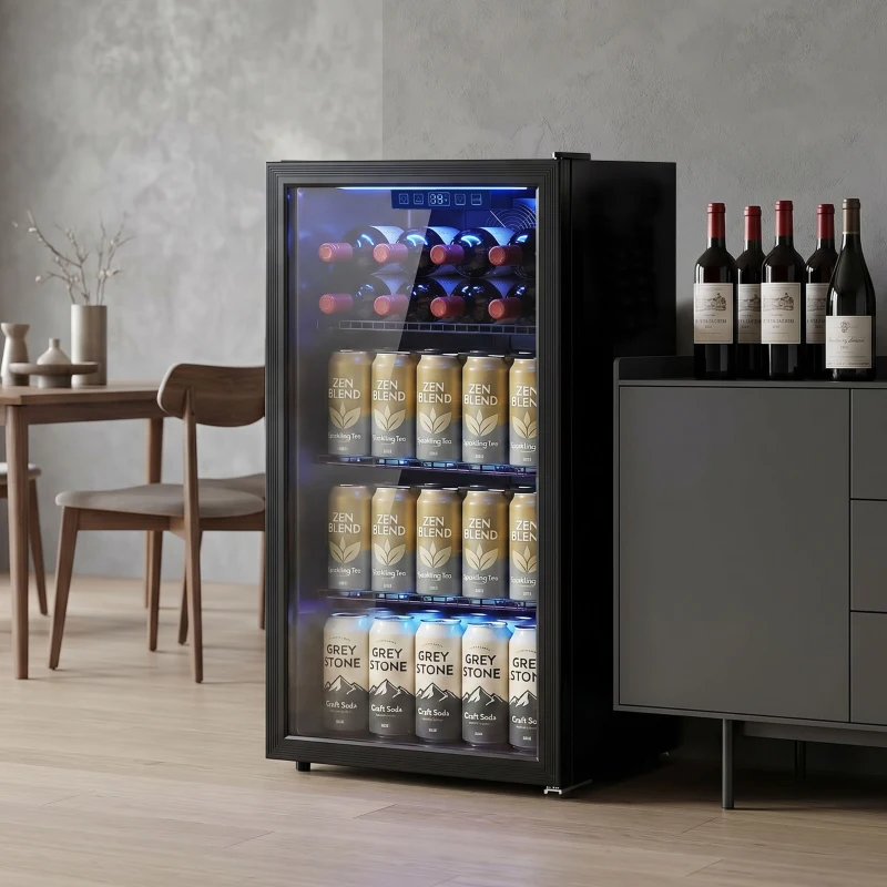 HOMCOM 3.2 Cu.Ft Beverage Refrigerator, 139 Can Beverage Fridge Cooler with Double-Layer Glass Door