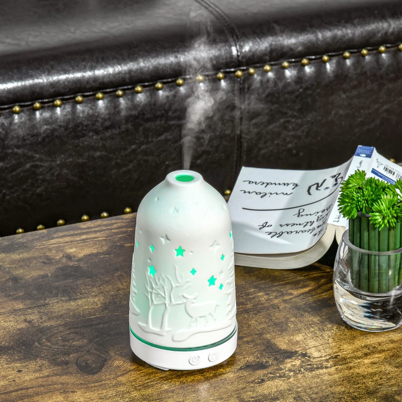 HOMCOM 100ml Ultrasonic Aromatherapy Diffuser, Essential Oils Humidifier with Ceramic Cover, 7 Colors LED Lights, Timer, Waterless Auto-off for Home and Office, White