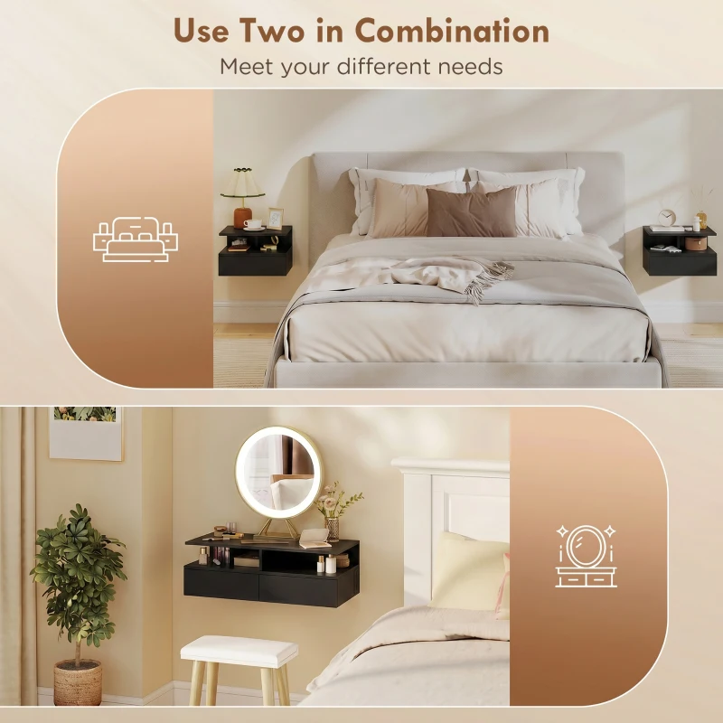 HOMCOM Floating Nightstand Set of 2, Wall Mounted Bedside Table with with Power Outlets, Drawer and Shelf, Black