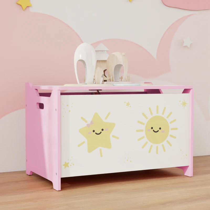 Qaba Toy Box with Lid, Safety Hinges and Groove Handles, Toy Storage Organizer for Kids, Living Room, Playroom, Pink