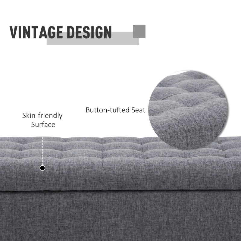 HOMCOM Storage Ottoman, Linen Fabric Button Tufted Storage Bench with Soft Close Lid for Living Room, Entryway or Bedroom, Dark Heather Grey