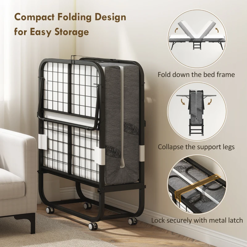 HOMCOM Folding Bed with Mattress for Adults, Single Size, Portable Foldable Bed with Super Strong Steel Frame, 78.75" x 31.5", Fold Up, Roll Away & Hideaway, White