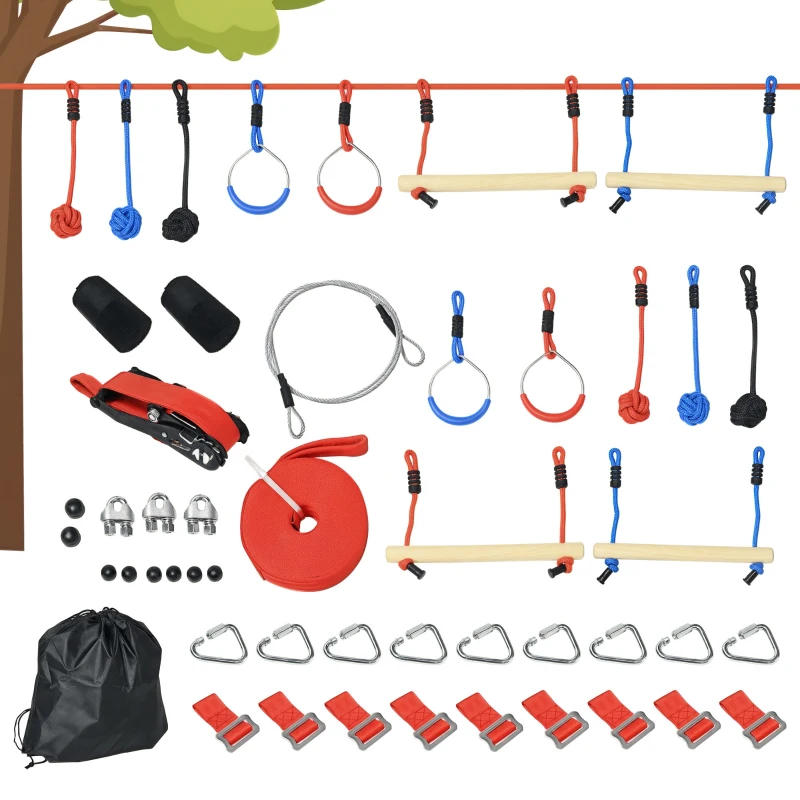 Outsunny Ninja Slackline Set, 30-Piece, 10m Rope with Obstacles, Climbing Frame, Playset Equipment for Children Aged 3-6