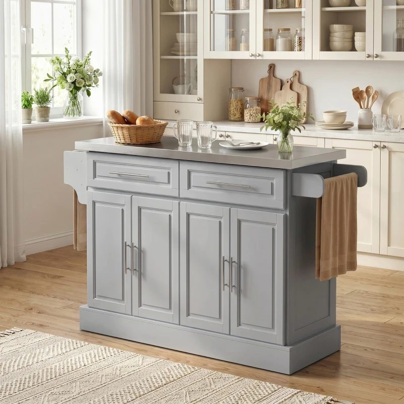 HOMCOM Rolling Kitchen Island Cart with 47" Stainless Steel Top, Portable Island Table for Kitchen with Wheels, Adjustable Shelves, 2 Drawers, Spice, Knife and Towel Rack, Gray