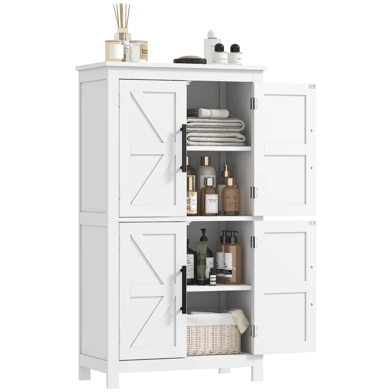 HOMCOM Bathroom Floor Storage Cabinet, Farmhouse Bathroom Cabinet with 4 Doors and Adjustable Shelf, White