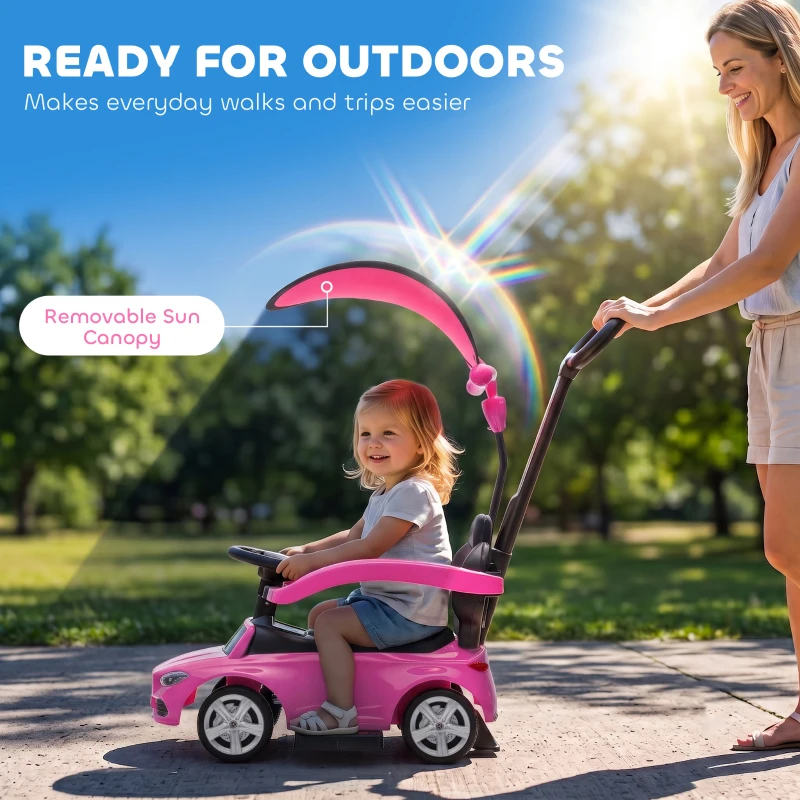 Qaba 3 in 1 Toddler Push Car Licensed Benz with Push Handle, Guardrails, Canopy, Horn, Music, Storage for 18-36 Months, Pink