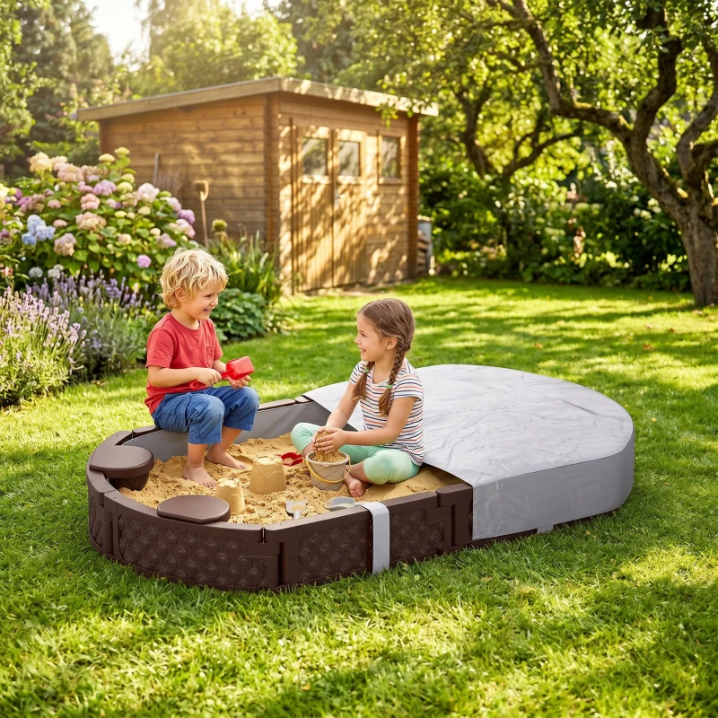 Qaba Kids Sandbox with Cover, 4 Corner Seats, Bottom Liner for Backyard, Garden, Outdoor, 71" x 42" W x 9", Dark Brown