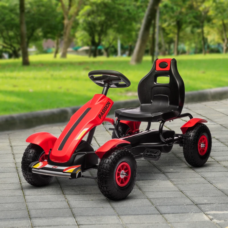 Aosom Pedal Go Kart for Kids, Pedal Car with Adjustable Bucket, Handbrake, 4 Rubber Wheels Powered Ride, Red