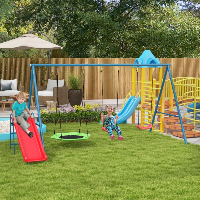 Outsunny Metal Swing Set for Backyard, 4 in 1 Design with 1 Nest Swing, 2 Seats, 1 Slide, Holds Up to 352 lbs. for Ages 3-8