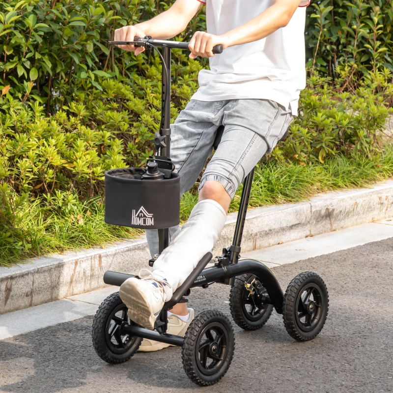 HOMCOM Seated Walker, Foldable Steerable Medical Scooter, Compact Crutch Alternative with Braking System and Storage Bag, Black