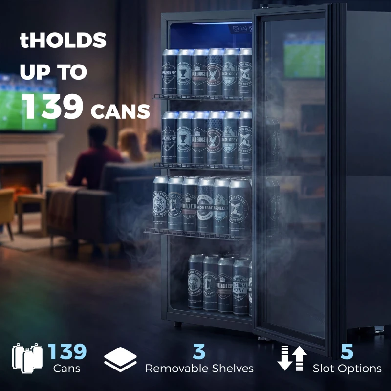 HOMCOM 3.2 Cu.Ft Beverage Refrigerator, 139 Can Beverage Fridge Cooler with Double-Layer Glass Door