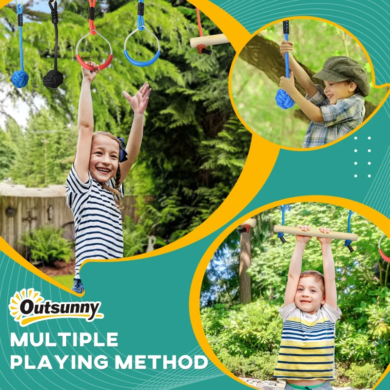 Outsunny Ninja Slackline Set, 30-Piece, 10m Rope with Obstacles, Climbing Frame, Playset Equipment for Children Aged 3-6