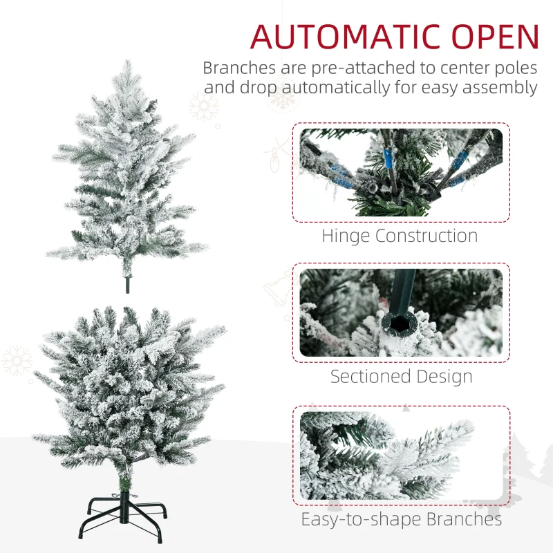 HOMCOM 4.5' Artificial Flocked Christmas Trees, with Snow Frosted Branches, Auto Open, Steel Base