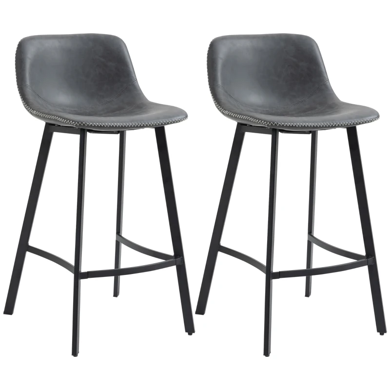 HOMCOM 27.25" Counter Height Bar Stools, Industrial Kitchen Stools, Upholstered Armless Bar Chairs with Back, Steel Legs, Set of 2, Gray