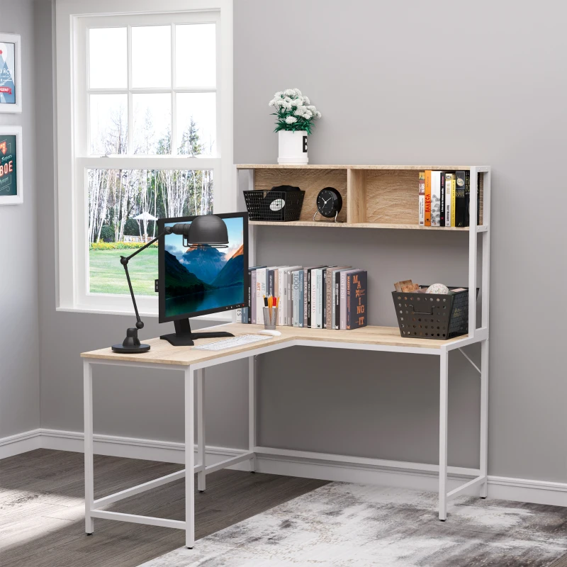 HOMCOM 55 Inch L Shaped Computer Desk with Hutch, Corner Desk for Home Office and Study, Writing Workstation with 2 Storage Compartments, Natural Wood Color