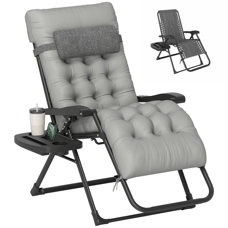 Outsunny Padded Folding Recliner Chair, Patio Lounger with Cupholder, Adjustable Backrest, Removable Cushion, Grey