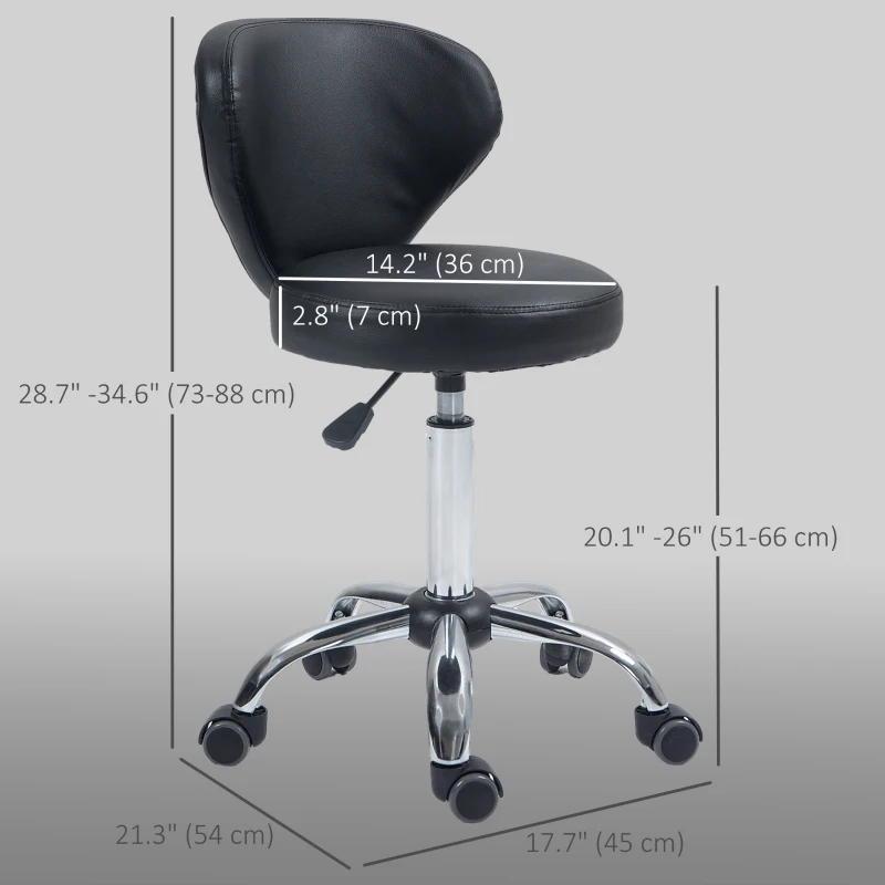 HOMCOM Adjustable Swivel Salon Stool with Backrest and Wheels, Office & Living Room Chair, Synthetic Leather, Black