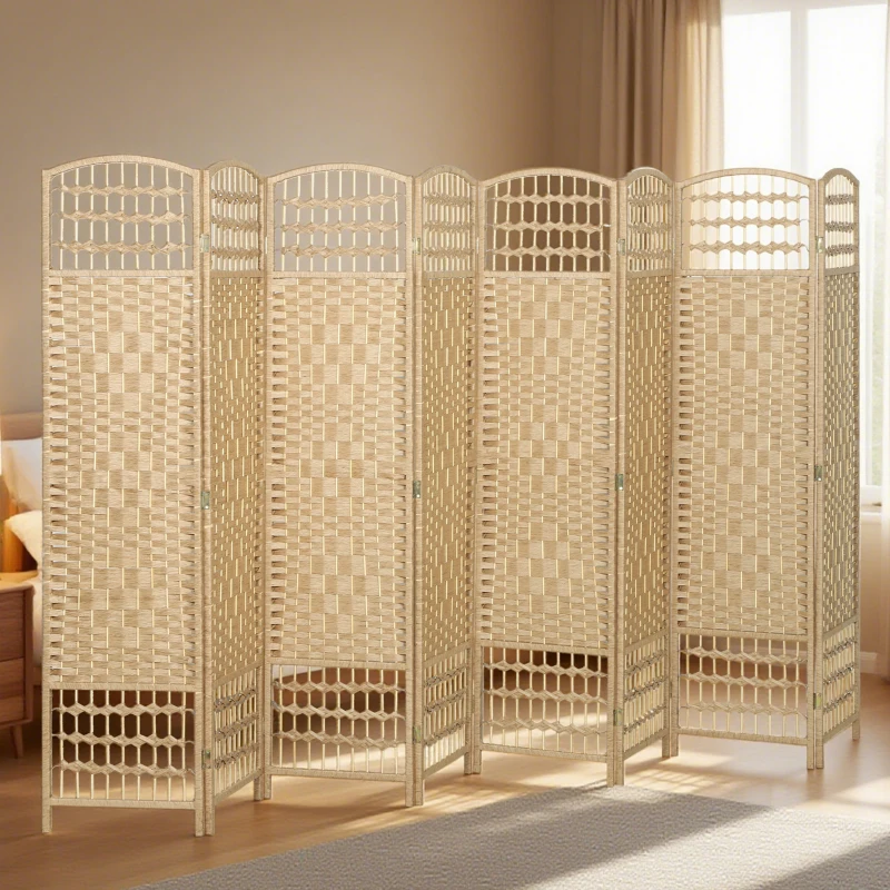 HOMCOM 8 Panel Folding Room Divider, Portable Privacy Screen, Wave Fiber Room Partition for Home Office, Natural