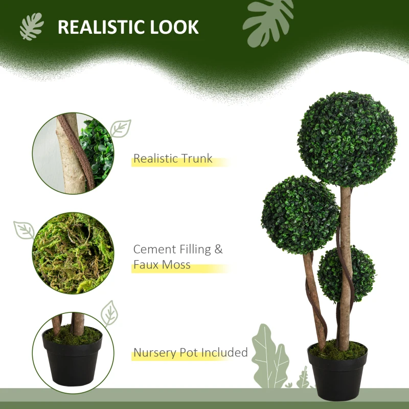 HOMCOM 35 Inch Potted Fake Plant, Artificial Boxwood Topiary Tree, Triple Ball Tree for Indoor and Outdoor, Dark Green