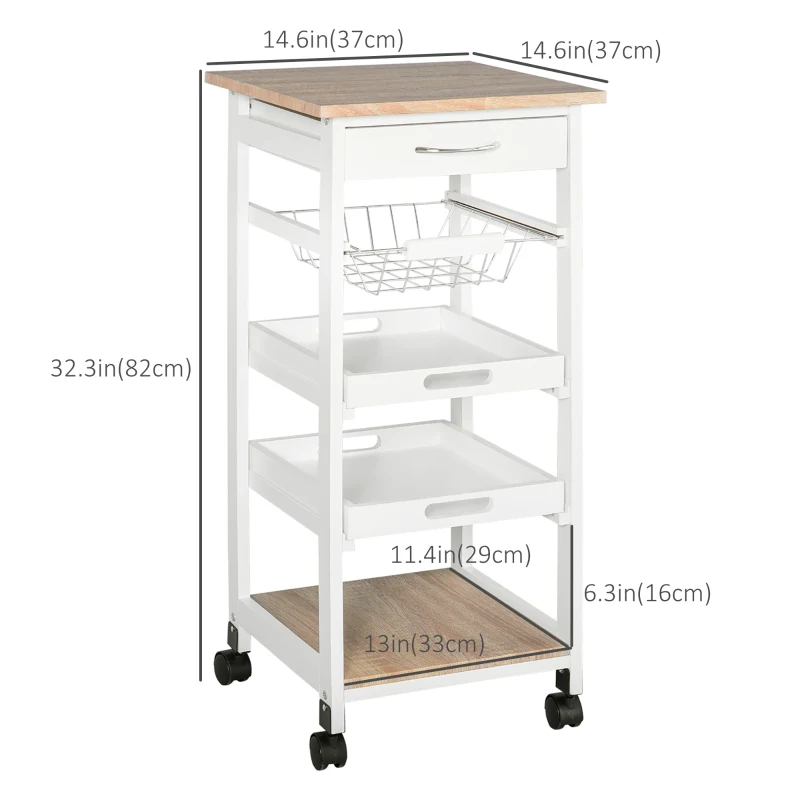 HOMCOM Rolling Kitchen Island Cart, Mobile Utility Storage Cart with Drawer, Wire Storage Basket, Removable Tray, White