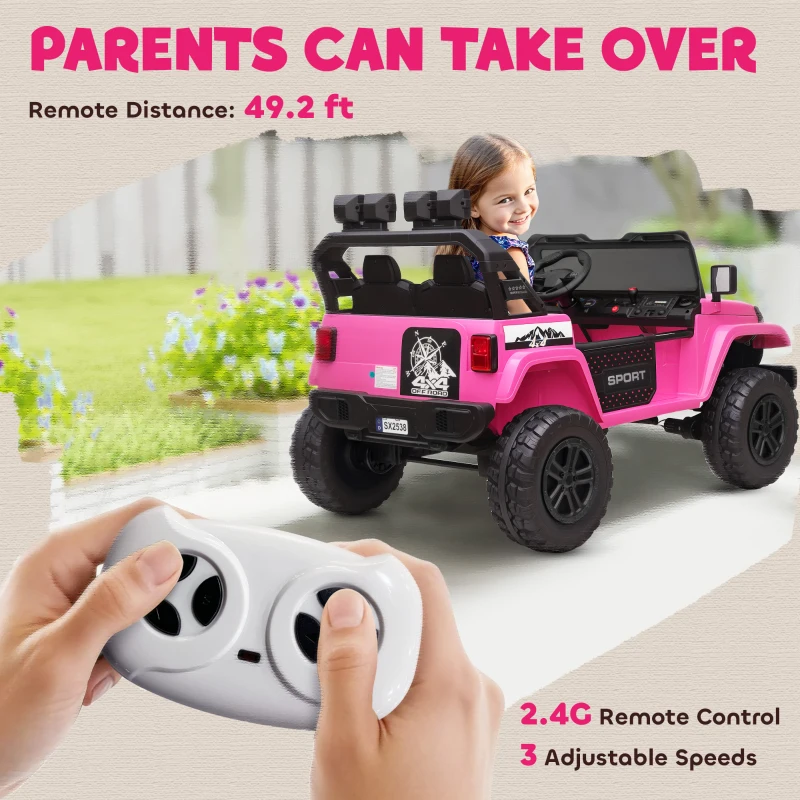 Qaba Ride on Truck Car with 2-Seater, 24V Electric Car with 4 Motors, Remote Control, Spring Suspension for 3-8 Years, Pink