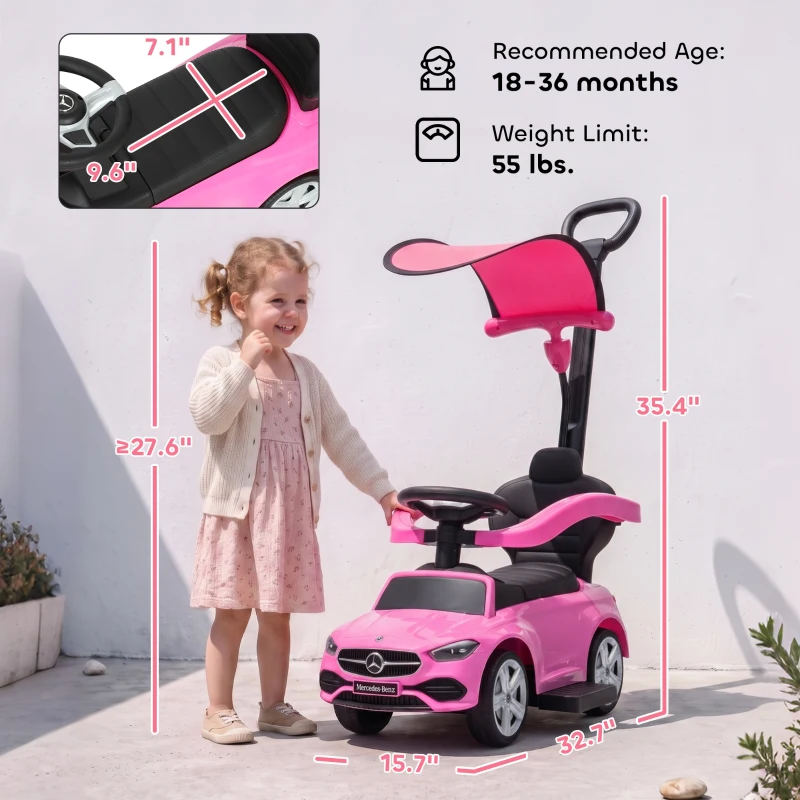 Qaba 3 in 1 Toddler Push Car Licensed Benz with Push Handle, Guardrails, Canopy, Horn, Music, Storage for 18-36 Months, Pink