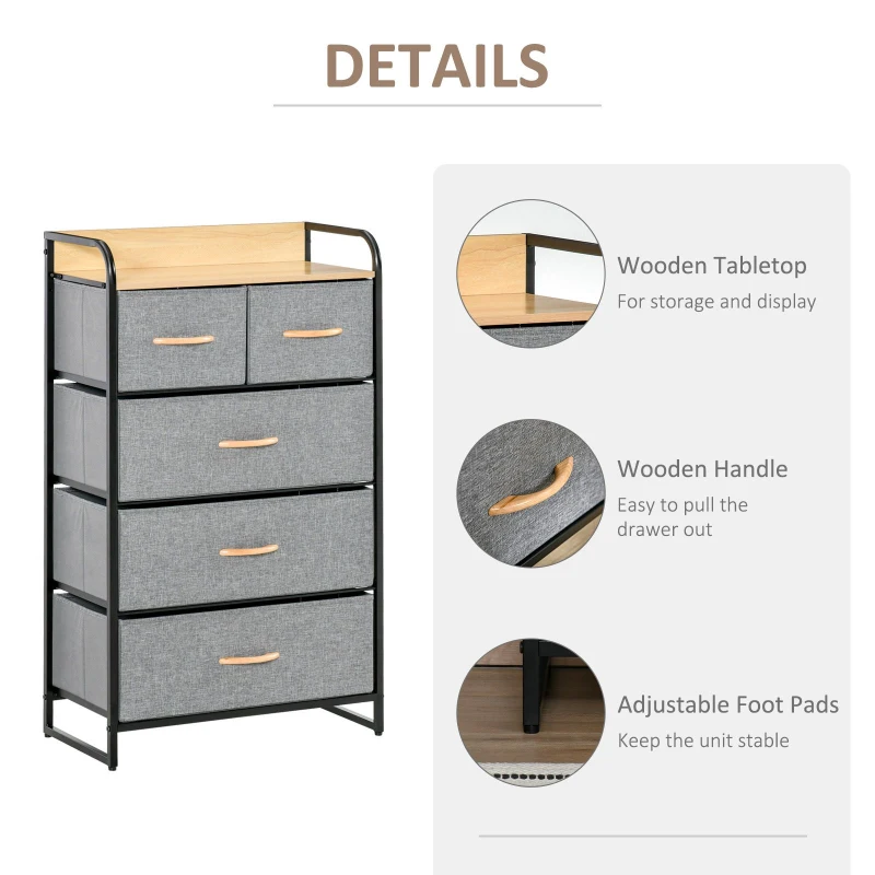 HOMCOM 5-Drawer Chest Dresser for Bedroom, 4-Tier Storage Organizer with Steel Frame, Light Gray