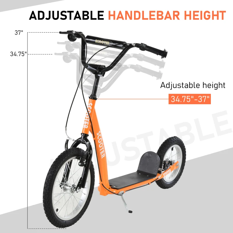 Aosom Youth Scooter Kick Scooter for Kids 5+ with Adjustable Handlebar 16" Front and 12" Rear Dual Brakes Inflatable Wheels, Orange