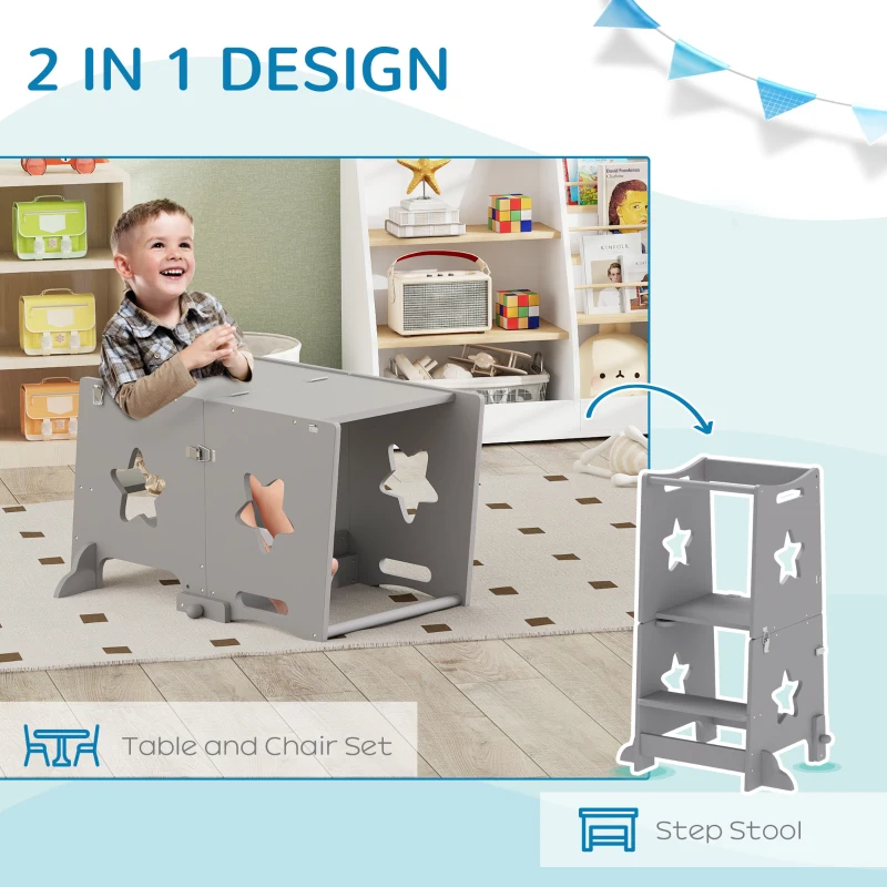 Qaba 2 in 1 Toddler Tower with Safety Rail for Bathroom, Sink, Kitchen or Counter, Gray