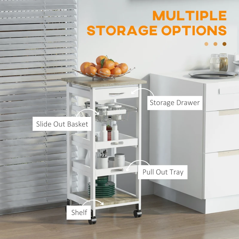HOMCOM Rolling Kitchen Island Cart, Mobile Utility Storage Cart with Drawer, Wire Storage Basket, Removable Tray, White