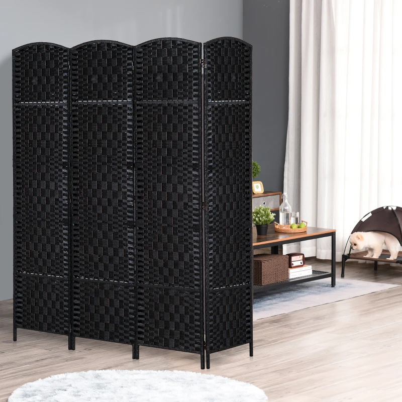 HOMCOM Room Divider 4 Panel, 6FT Tall Folding Privacy Screen, Freestanding Hand-Woven Partition for Room Separation with 360° Hinges, Paper Rope Diamond Weave, Black