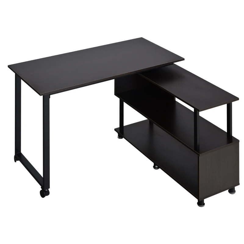 HOMCOM Mobile L-Shaped Rotating Computer Desk with Storage Shelves Moveable Rolling Writing Table Home Office Study Workstation for Home Office, Coffee