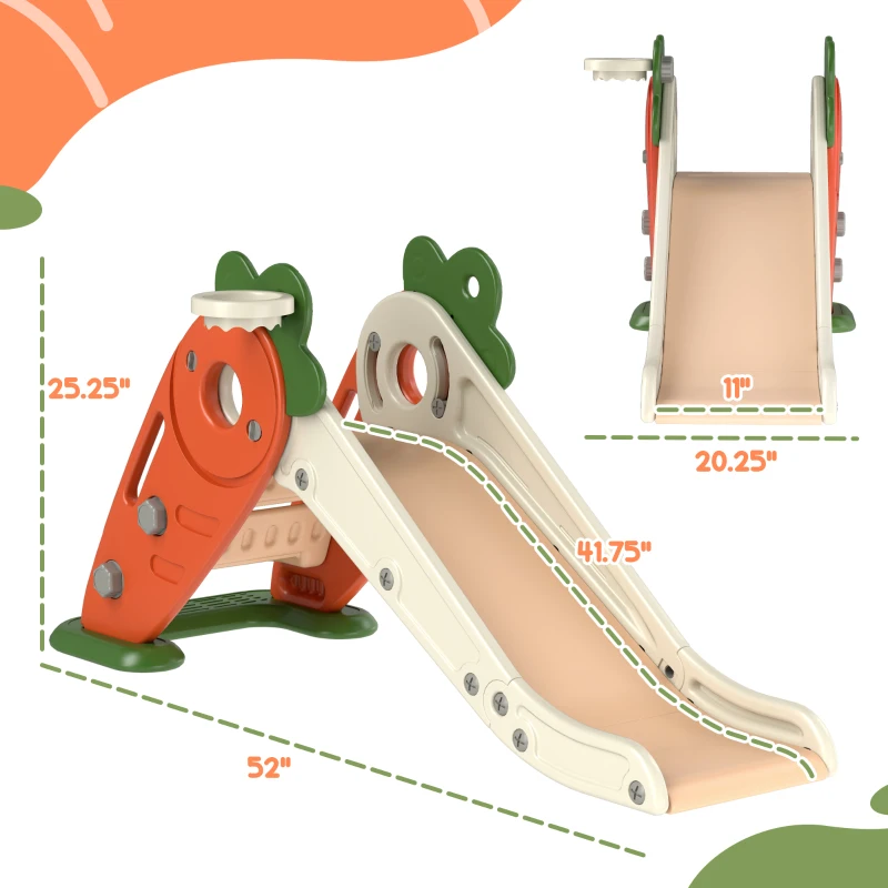 Qaba 3 in 1 Toddler Slide for Kids Age 1-3 Years, Foldable Carrot-themed Baby Slide with Basketball Hoop, Orange