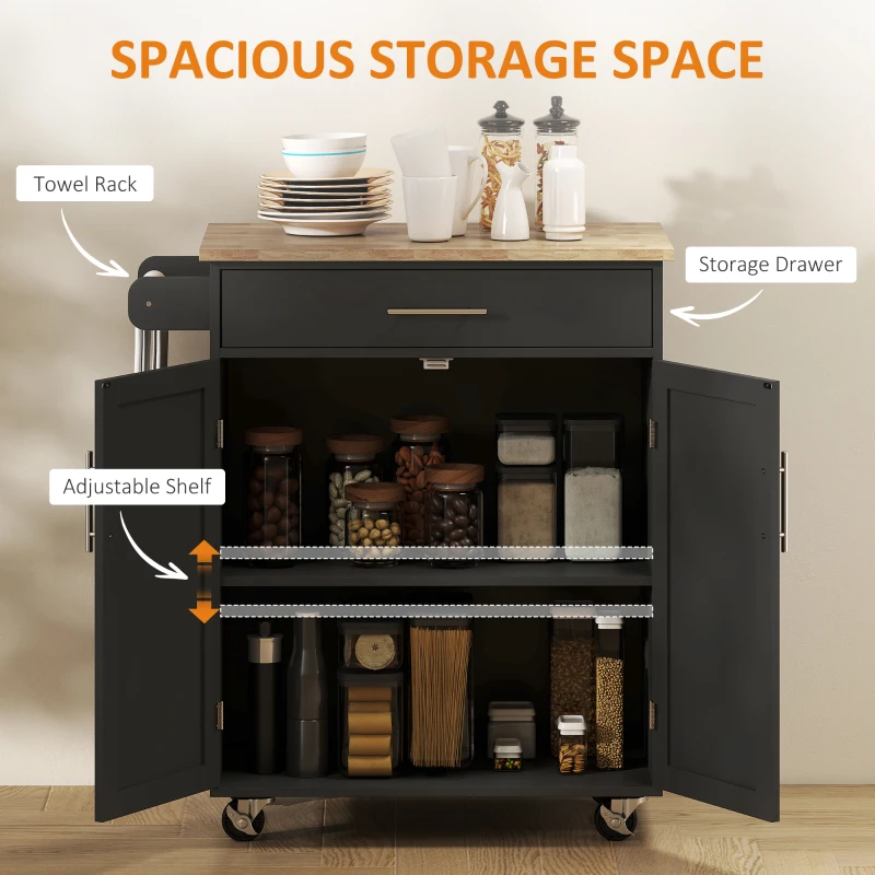 HOMCOM Kitchen Island Cart, Rolling Island Table with Solid Wood Top, Trolley Cart with Drawer, Storage Cabinet & Towel Rack, Black